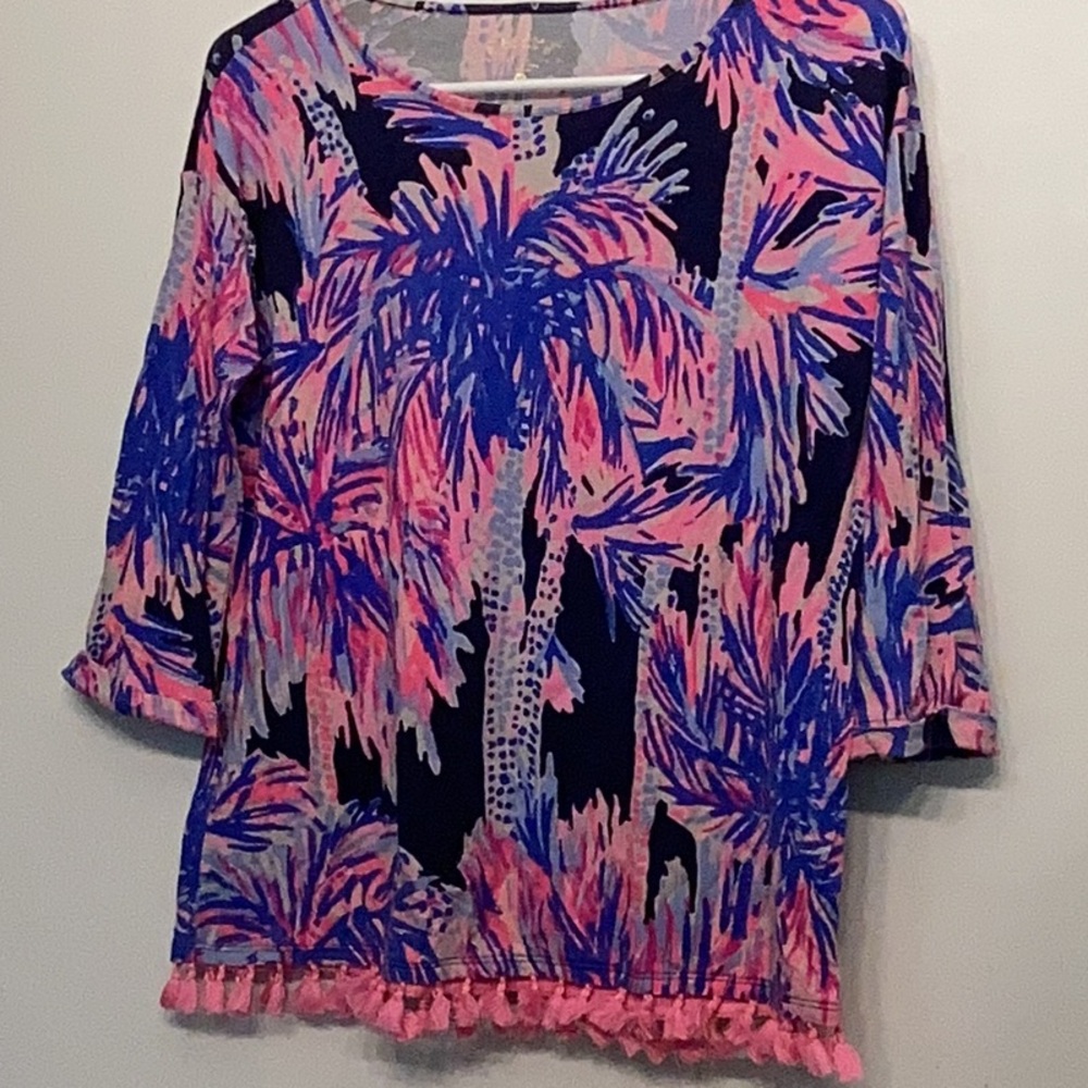 Women's Blue and Pink Palm Print Top